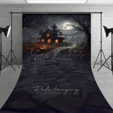 Lofaris Spooky Haunted House Sweep Backdrop Full Moon and Bats on a Dark Night Halloween Photo Studio Floor Drop