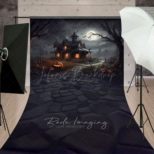 Lofaris Spooky Haunted House Sweep Backdrop Full Moon and Bats on a Dark Night Halloween Photo Studio Floor Drop