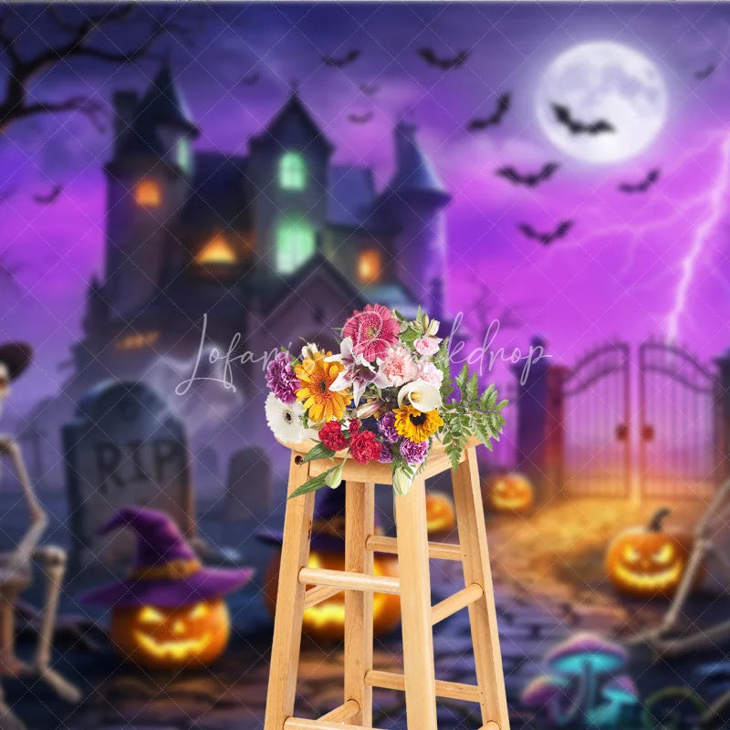 Lofaris Spooky Haunted Mansion Holiday Backdrop with Skeletons Jack-o’-Lanterns and a Glowing Full Moon