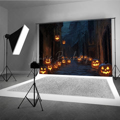 Lofaris Spooky Jack-o’-lantern Alley Photography Backdrop Dark Cobblestone Street Haunted Village Halloween Photos