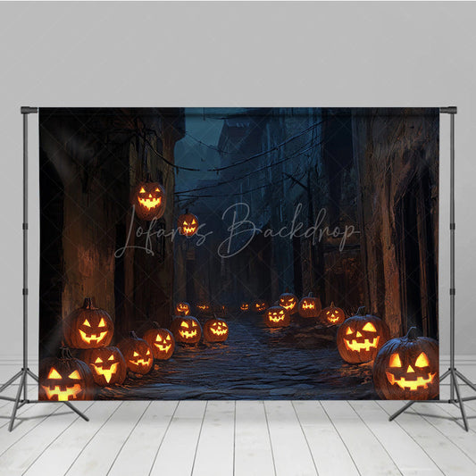 Lofaris Spooky Jack-o’-lantern Alley Photography Backdrop Dark Cobblestone Street Haunted Village Halloween Photos
