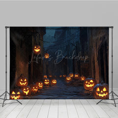 Lofaris Spooky Jack-o’-lantern Alley Photography Backdrop Dark Cobblestone Street Haunted Village Halloween Photos