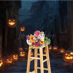 Lofaris Spooky Jack-o’-lantern Alley Photography Backdrop Dark Cobblestone Street Haunted Village Halloween Photos