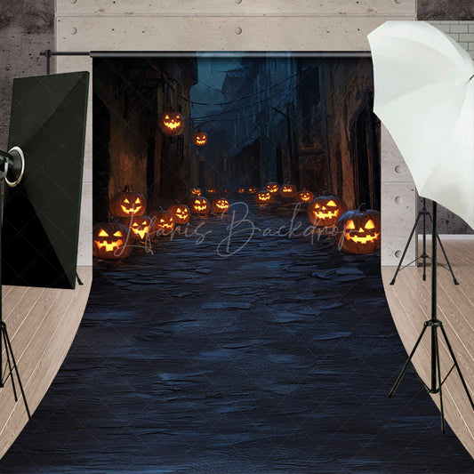 Lofaris Spooky Jack-o’-lantern Alley Sweep Backdrop Dark Cobblestone Street Haunted Village Halloween Photos