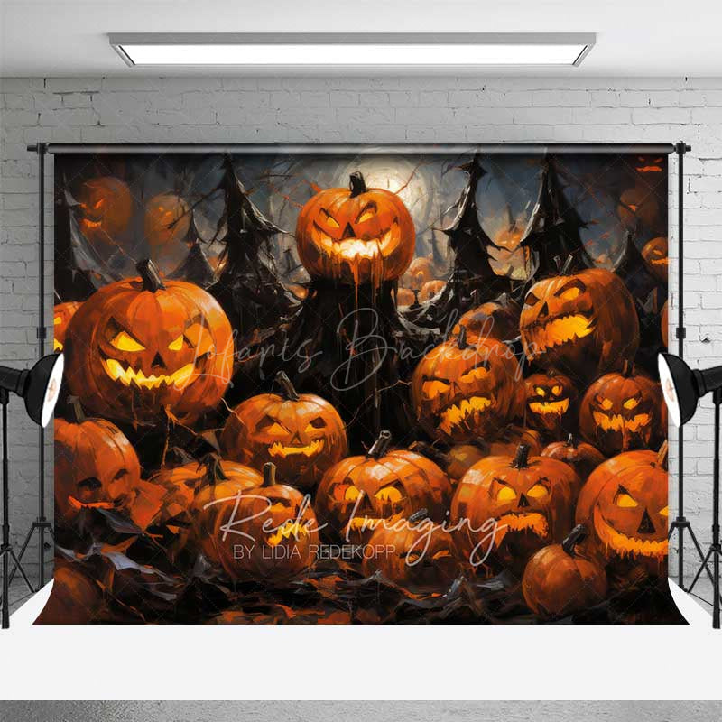 Lofaris Spooky Jack O’ Lantern Forest Photography Backdrop Evil Carved Pumpkins in Dark Woods Haunted Halloween Photo Prop