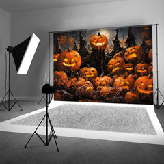Lofaris Spooky Jack O’ Lantern Forest Photography Backdrop Evil Carved Pumpkins in Dark Woods Haunted Halloween Photo Prop