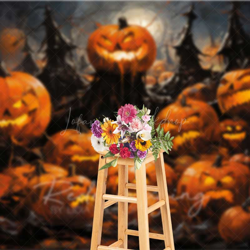 Lofaris Spooky Jack O’ Lantern Forest Photography Backdrop Evil Carved Pumpkins in Dark Woods Haunted Halloween Photo Prop