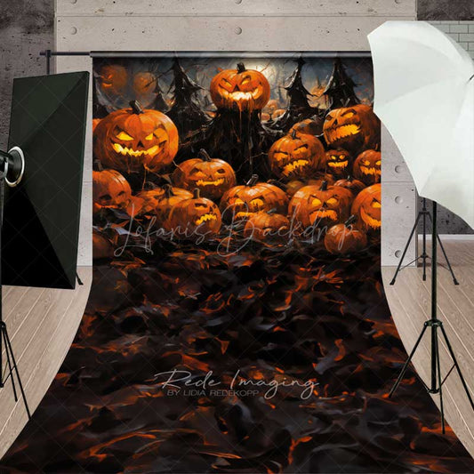 Lofaris Spooky Jack O’ Lantern Forest Sweep Photography Backdrop with Floor Evil Carved Pumpkins Haunted Halloween Photo Prop
