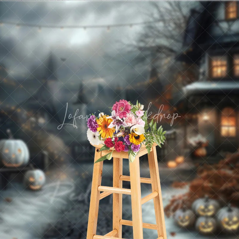 Lofaris Spooky Old House and Glowing Jack-o’-Lanterns Holiday Backdrop Enchanting Halloween Night Party Decor