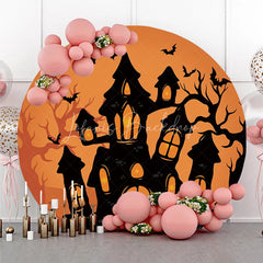 Lofaris Spooky Orange and Black Haunted House Round Backdrop with Flying Bats Eerie Halloween Party Decor
