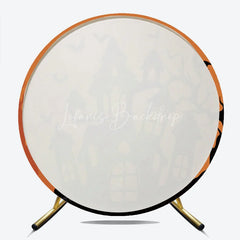 Lofaris Spooky Orange and Black Haunted House Round Backdrop with Flying Bats Eerie Halloween Party Decor