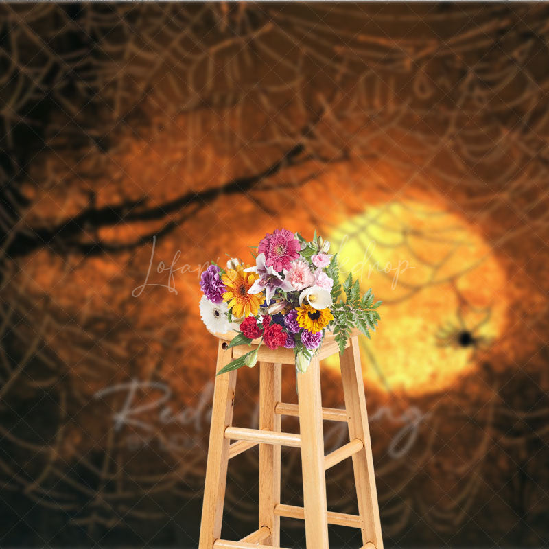 Lofaris Spooky Spiders on a Web Photography Backdrop Orange Sunset for Halloween Moody and Dark Photo Background
