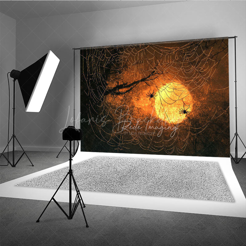Lofaris Spooky Spiders on a Web Photography Backdrop Orange Sunset for Halloween Moody and Dark Photo Background