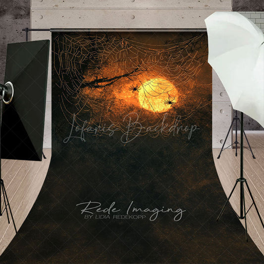 Lofaris Spooky Spiders on a Web Sweep Backdrop Orange Sunset for Halloween Moody and Dark Photo Studio Floor Drop
