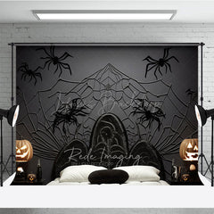 Lofaris Spooky Spiderweb Headboard Photography Backdrop Black Wicker Bed and Jack O’ Lanterns Halloween Photo Prop