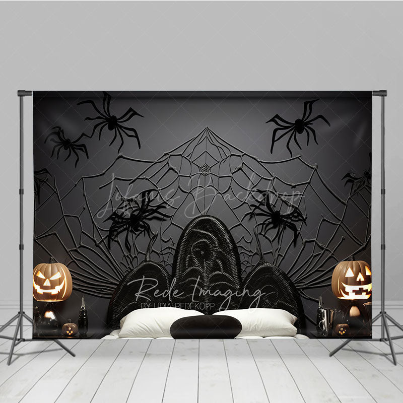 Lofaris Spooky Spiderweb Headboard Photography Backdrop Black Wicker Bed and Jack O’ Lanterns Halloween Photo Prop