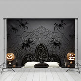 Lofaris Spooky Spiderweb Headboard Photography Backdrop Black Wicker Bed and Jack O’ Lanterns Halloween Photo Prop