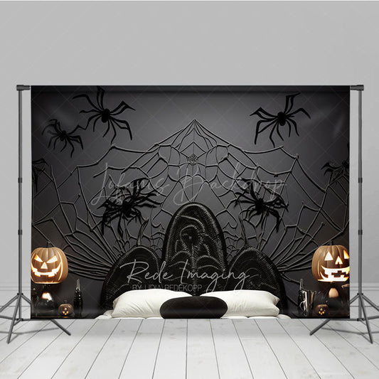Lofaris Spooky Spiderweb Headboard Photography Backdrop Black Wicker Bed and Jack O’ Lanterns Halloween Photo Prop