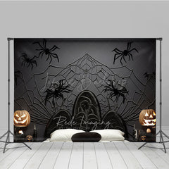 Lofaris Spooky Spiderweb Headboard Photography Backdrop Black Wicker Bed and Jack O’ Lanterns Halloween Photo Prop