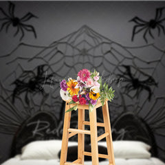 Lofaris Spooky Spiderweb Headboard Photography Backdrop Black Wicker Bed and Jack O’ Lanterns Halloween Photo Prop