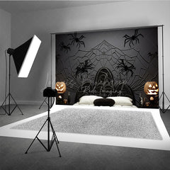 Lofaris Spooky Spiderweb Headboard Photography Backdrop Black Wicker Bed and Jack O’ Lanterns Halloween Photo Prop