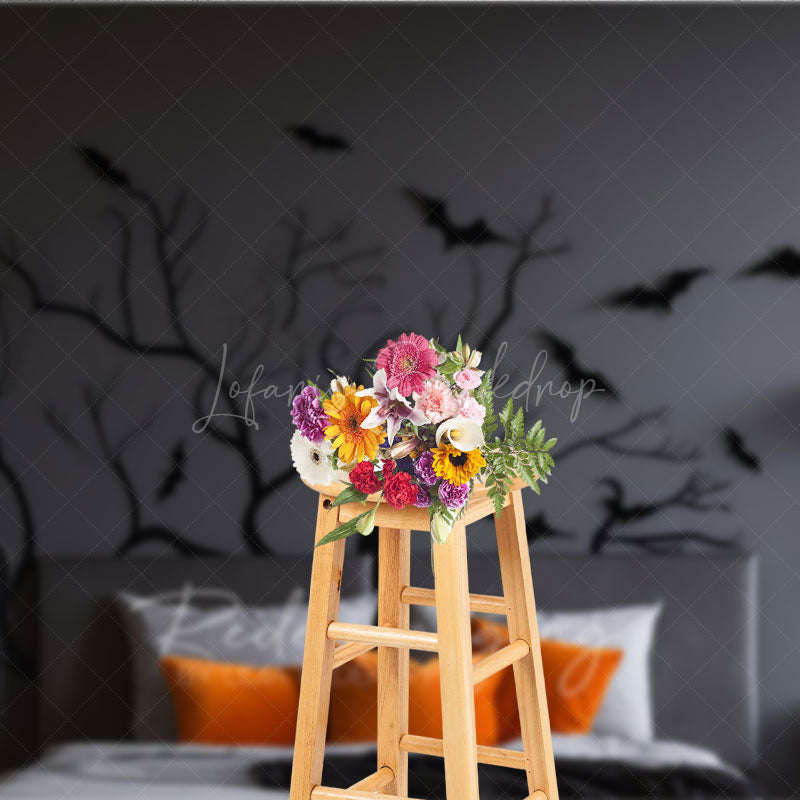 Lofaris Spooky Tree Branch Headboard Photography Backdrop Gothic Halloween Bedroom with Bats Moody Dark Photo Prop