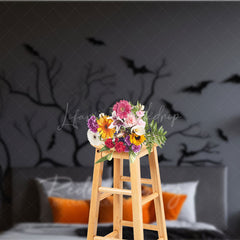 Lofaris Spooky Tree Branch Headboard Photography Backdrop Gothic Halloween Bedroom with Bats Moody Dark Photo Prop