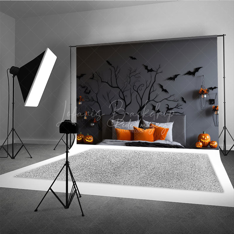Lofaris Spooky Tree Branch Headboard Photography Backdrop Gothic Halloween Bedroom with Bats Moody Dark Photo Prop