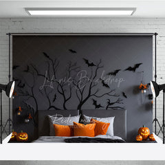 Lofaris Spooky Tree Branch Headboard Photography Backdrop Gothic Halloween Bedroom with Bats Moody Dark Photo Prop