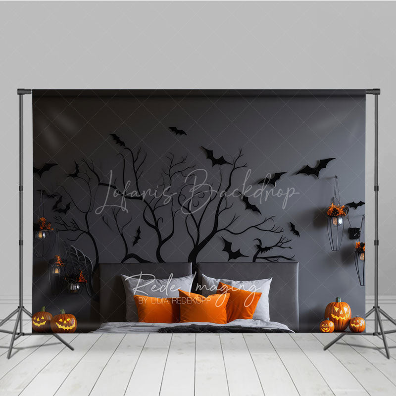 Lofaris Spooky Tree Branch Headboard Photography Backdrop Gothic Halloween Bedroom with Bats Moody Dark Photo Prop