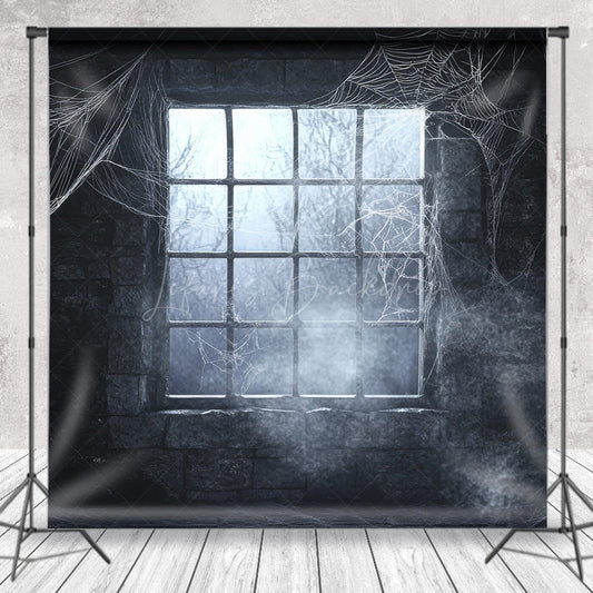 Lofaris Spooky Window with Cobwebs Photography Backdrop Haunted Stone Wall Fog Gothic Halloween Photo Shoots