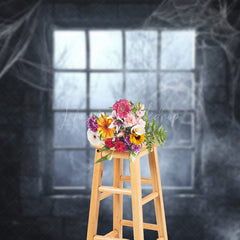 Lofaris Spooky Window with Cobwebs Photography Backdrop Haunted Stone Wall Fog Gothic Halloween Photo Shoots