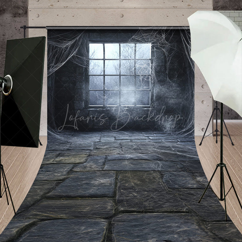 Lofaris Spooky Window with Cobwebs Sweep Backdrop Haunted Stone Wall Fog Gothic Halloween Photo Shoots