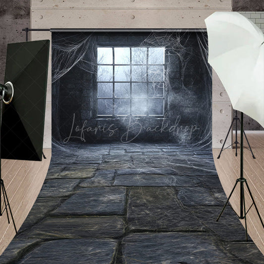 Lofaris Spooky Window with Cobwebs Sweep Backdrop Haunted Stone Wall Fog Gothic Halloween Photo Shoots