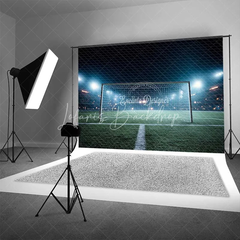 Lofaris Sports Soccer Field Goal Backdrop Night Stadium Lights Green Grass Photography Background for Party Decor
