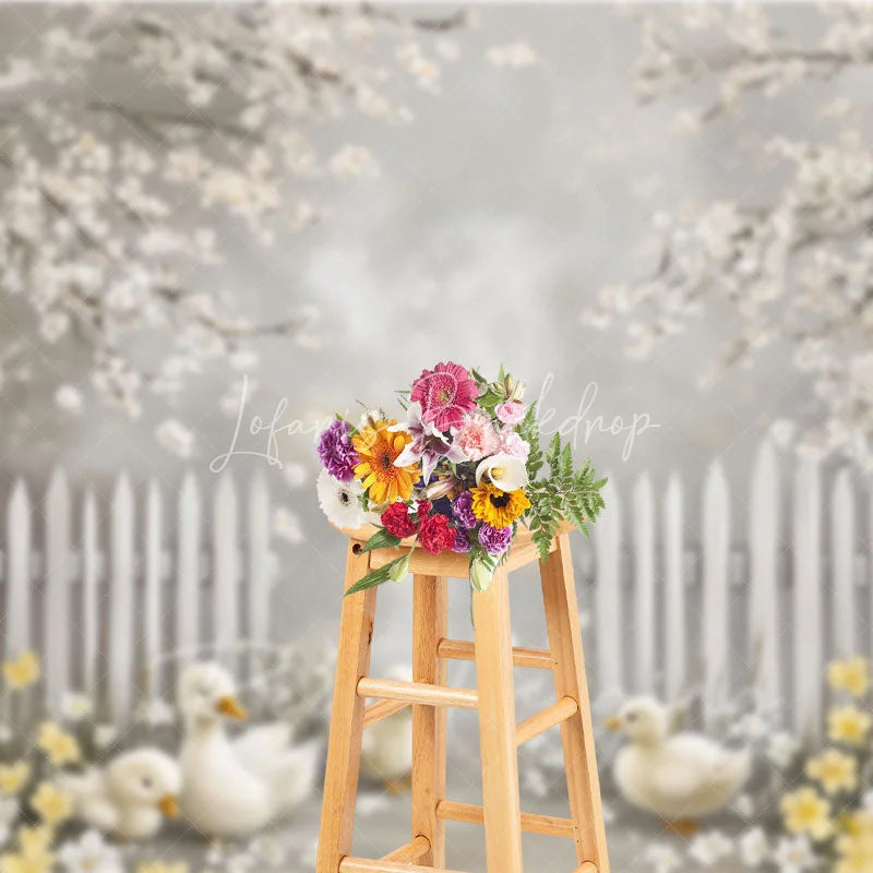 Lofaris Spring Blooming White Fence Backdrop Cute Ducks and Yellow Flowers Easter Photography Background for Party
