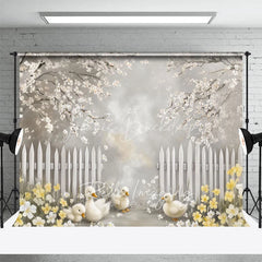 Lofaris Spring Blooming White Fence Backdrop Cute Ducks and Yellow Flowers Easter Photography Background for Party
