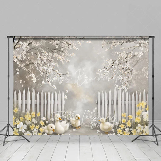 Lofaris Spring Blooming White Fence Backdrop Cute Ducks and Yellow Flowers Easter Photography Background for Party