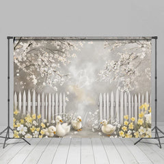 Lofaris Spring Blooming White Fence Backdrop Cute Ducks and Yellow Flowers Easter Photography Background for Party