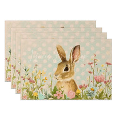Lofaris Spring Blue Dot Rabbit Set of 4 Placemats Wildflower Easter Bunny Table Mats for Dining Room
