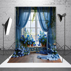 Lofaris Spring Blue Floral Curtain Window Scene Backdrop