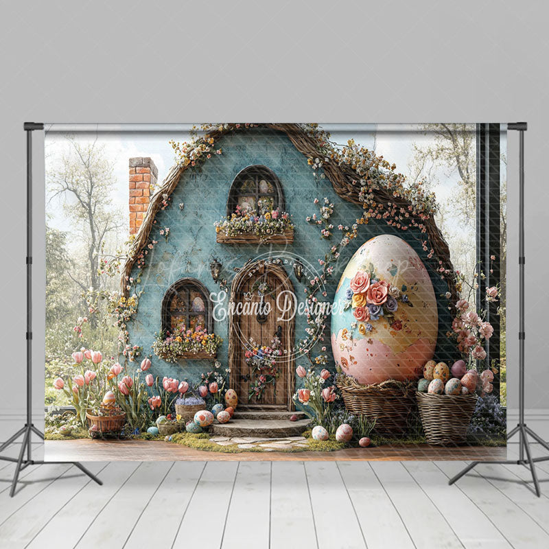 Lofaris Spring Blue Floral House Eggs Easter Photo Backdrop