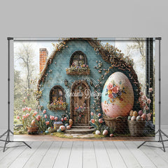 Lofaris Spring Blue Floral House Eggs Easter Photo Backdrop