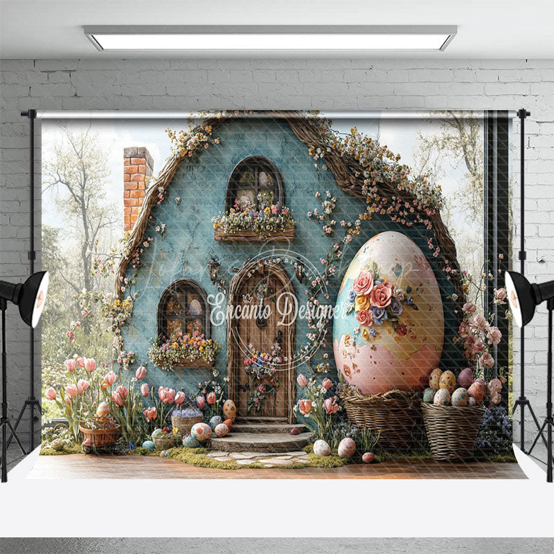 Lofaris Spring Blue Floral House Eggs Easter Photo Backdrop