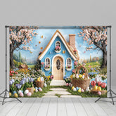 Lofaris Spring Blue House Floral Trees Easter Photo Backdrop