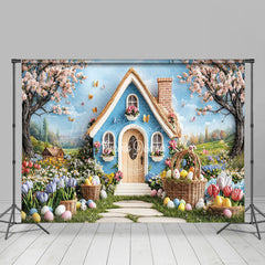 Lofaris Spring Blue House Floral Trees Easter Photo Backdrop