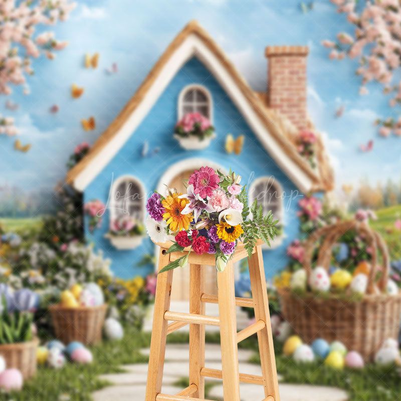 Lofaris Spring Blue House Floral Trees Easter Photo Backdrop