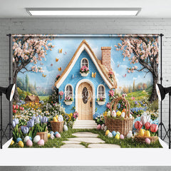 Lofaris Spring Blue House Floral Trees Easter Photo Backdrop