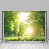 Lofaris Spring Blurry Green Forest Egg Rabbit Easter Backdrop