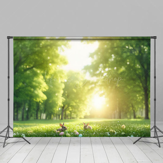 Lofaris Spring Blurry Green Forest Egg Rabbit Easter Backdrop
